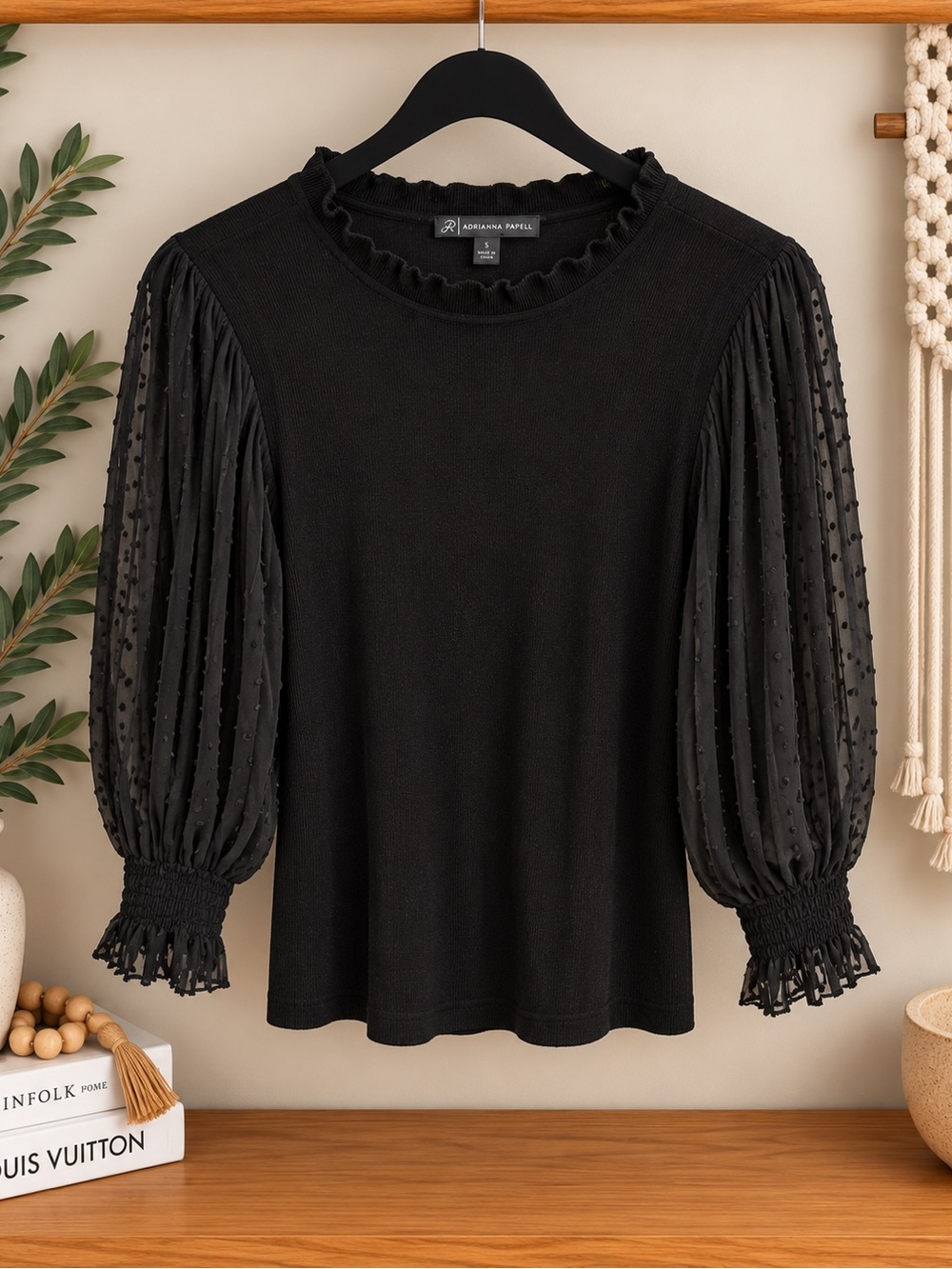 Adrianna Papell Black Puff-Sleeve Dot-Texture Top